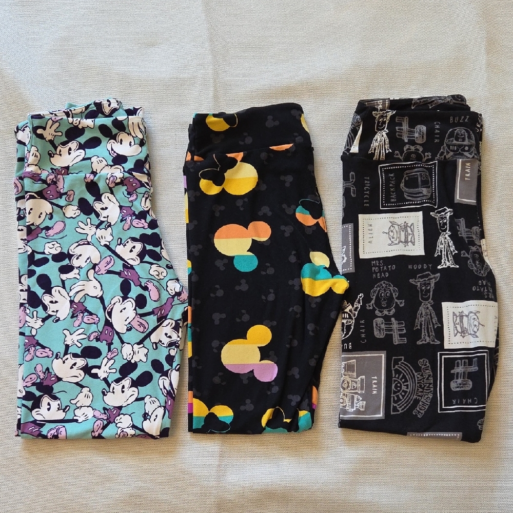 Lularoe Lot Of 3 Kids Disney Print Leggings Set One Size 0 - 4